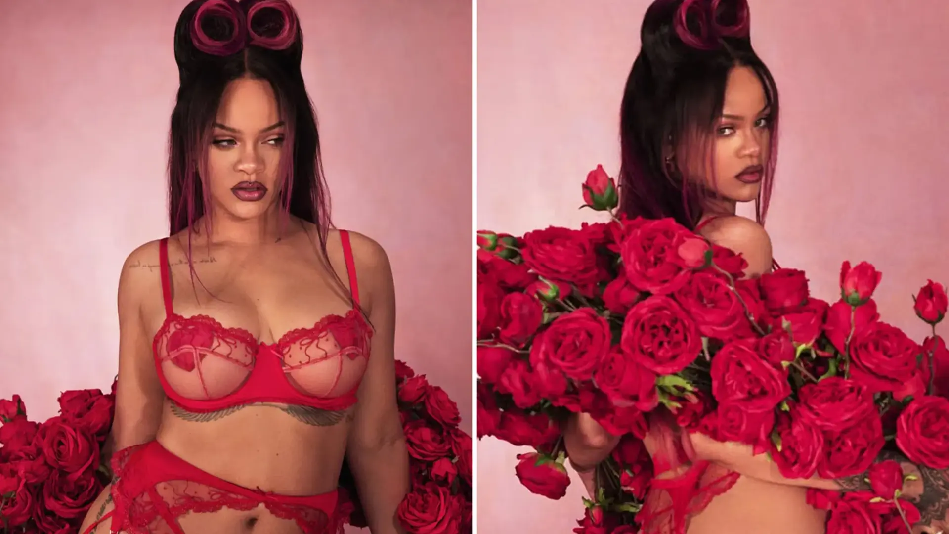 Rihanna gây ấn tượng với hình ảnh quyền lực trong bodysuit ren đen xuyên thấu, tất lưới và những bộ nội y đỏ rực đầy mê hoặc.