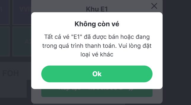 Hai hạng vé thấp nhất là G (1 triệu đồng) và Restricted View (500.000 đồng) đã chính thức "cháy hàng". 