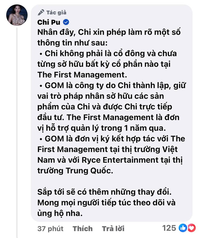  nữ ca sĩ cũng khẳng định cô chưa từng sở hữu cổ phần hay giữ vai trò cổ đông tại The First Management