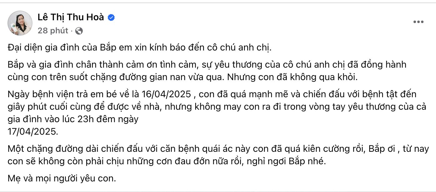 Bé Bắp qua đời sau thời gian chiến đấu kiên cường với bệnh hiểm nghèo