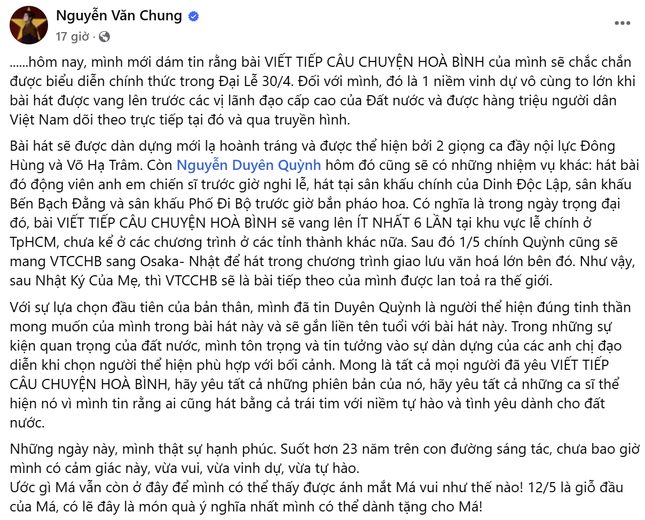 Trên trang cá nhân, nhạc sĩ Nguyễn Văn Chung không giấu nổi xúc động.