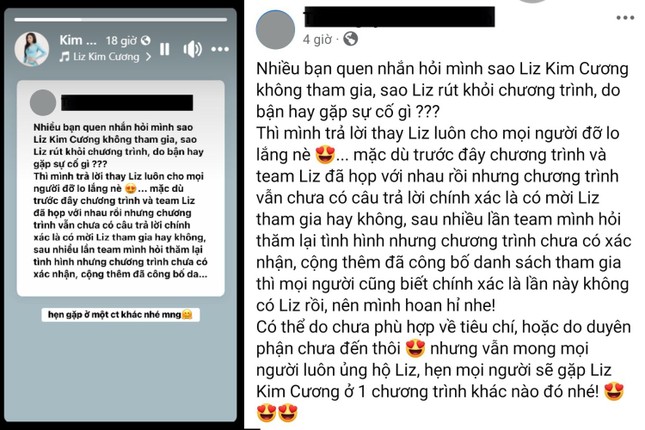Liz Kim Cương đã chia sẻ lại bài viết của quản lý trên story cá nhân như một cách xác nhận và trấn an người hâm mộ, kèm lời hứa sẽ gặp lại ở một dịp khác.