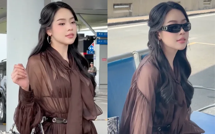 Người đẹp sinh năm 2002 chọn diện một bộ váy màu nâu chất liệu mỏng, phom dáng ôm sát và xuyên thấu.