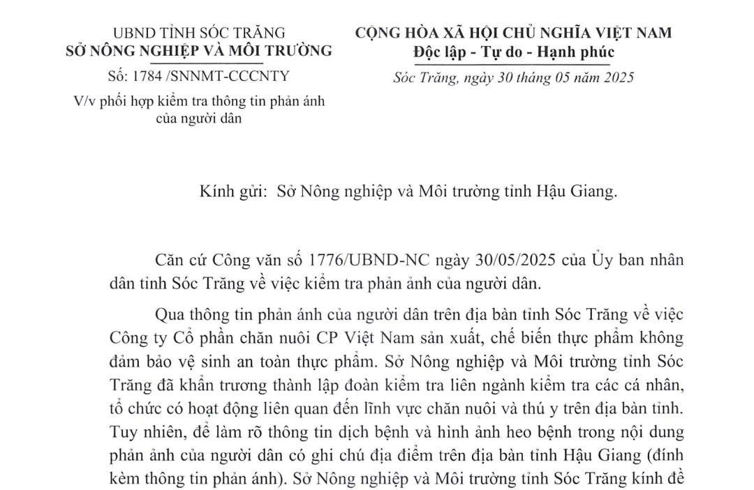 Sở Nông nghiệp và Môi trường (NN-MT) tỉnh Sóc Trăng đã gửi văn bản chính thức đến Sở NN-MT tỉnh Hậu Giang