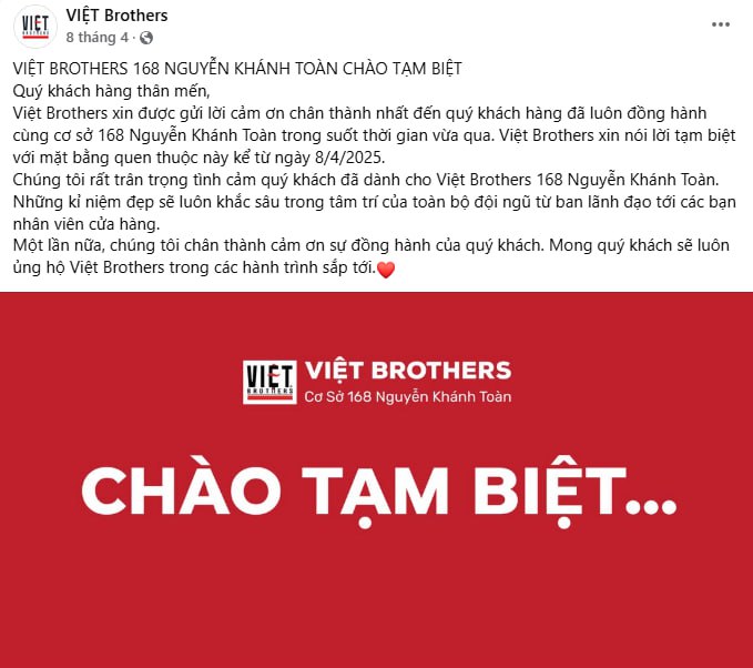  thương hiệu thời trang nội địa Việt Brothers đóng cửa vĩnh viễn sau 22 năm hoạt động. 