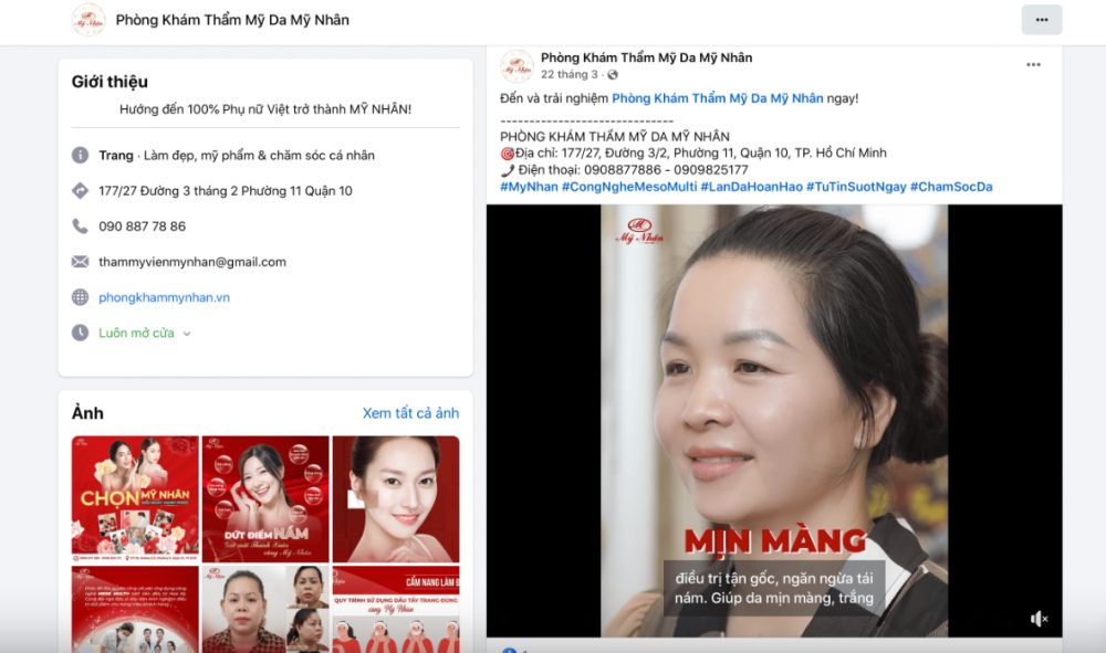 Trên trang Page facebook có tên Phòng khám thẩm mỹ da Mỹ Nhân liên tục đăng tải các thông tin quảng cáo dịch vụ tại đây