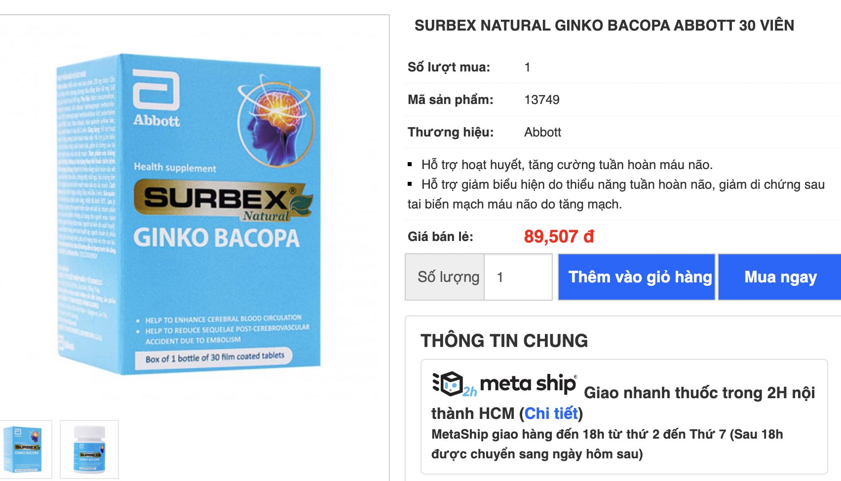 Thực phẩm bảo vệ sức khỏe SURBEX® NATURAL GINKO BACOPA