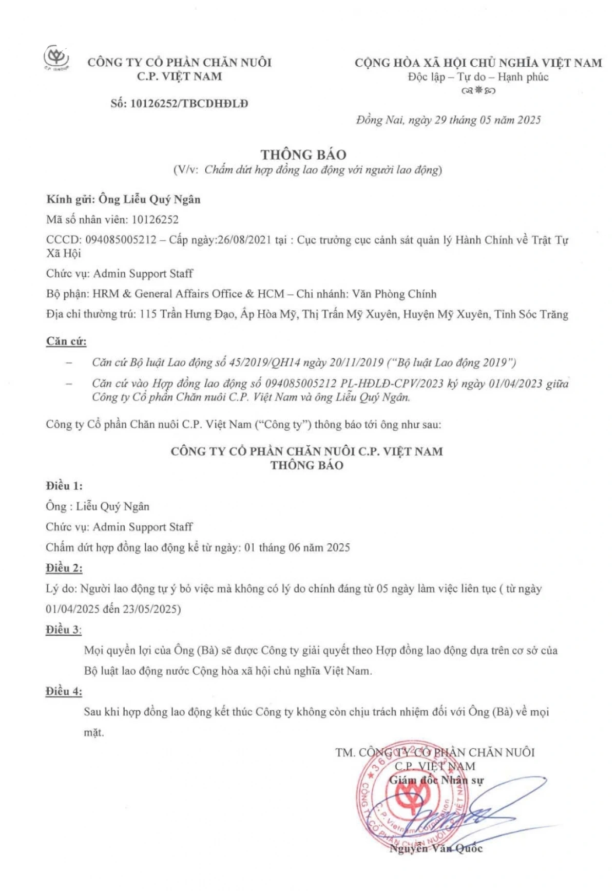 Quyết định chấm dứt hợp đồng lao động của CP đối với ông Liễu Quý Ngân.