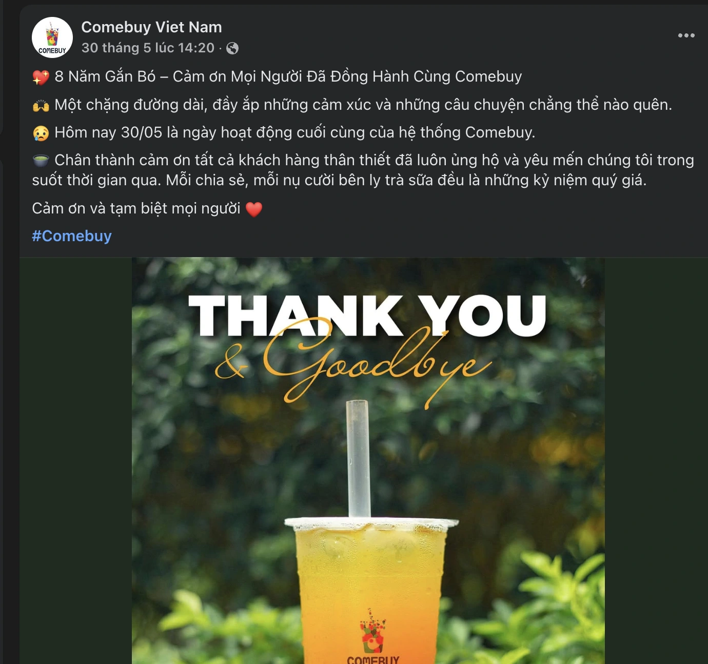 Chia sẻ của Comebuy trên fanpage ngày 30/5.