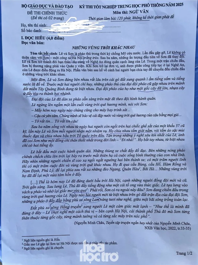 đề thi năm nay sử dụng đoạn trích từ truyện ngắn Những vùng trời khác nhau