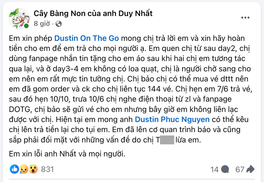 Chủ nhân trang fanpage cho biết mình cũng là nạn nhân, do đặt toàn bộ niềm tin vào một người tên T.