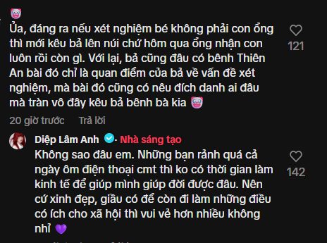 Trái ngược với sự im lặng của Thiên An, Diệp Lâm Anh chọn cách đối diện và đáp trả thẳng mặt.