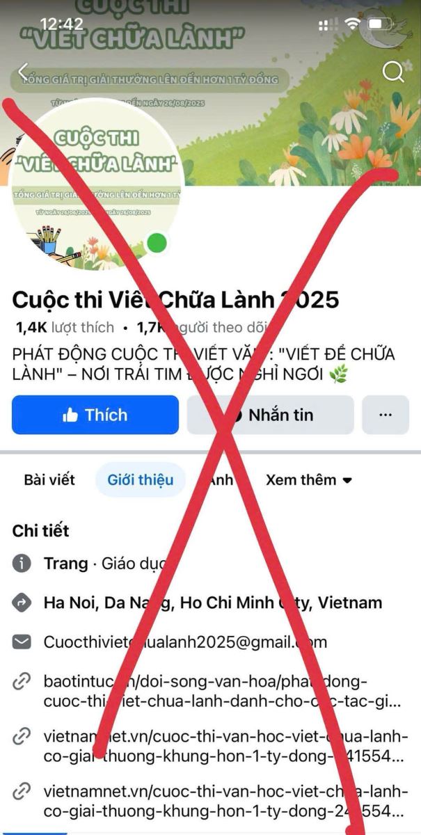 một nhóm đối tượng đã lập fanpage giả với tên gọi “Cuộc thi Viết Chữa Lành 2025” để dụ dỗ thí sinh chuyển tiền trái phép.