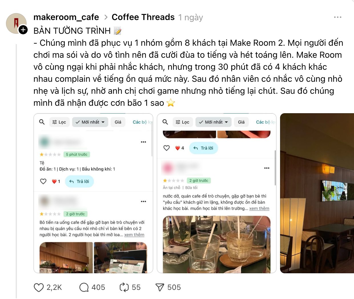  quán cà phê Make Room Café đã phải đăng tải một "bản tường trình" trên nền tảng Threads