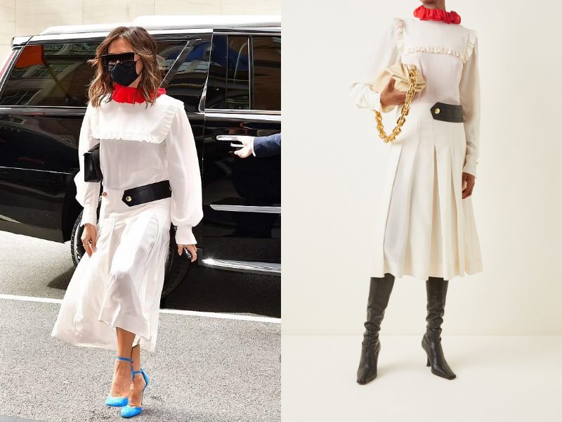 Victoria Beckham bước xuống phố New York trong chiếc đầm cổ cao tay dài