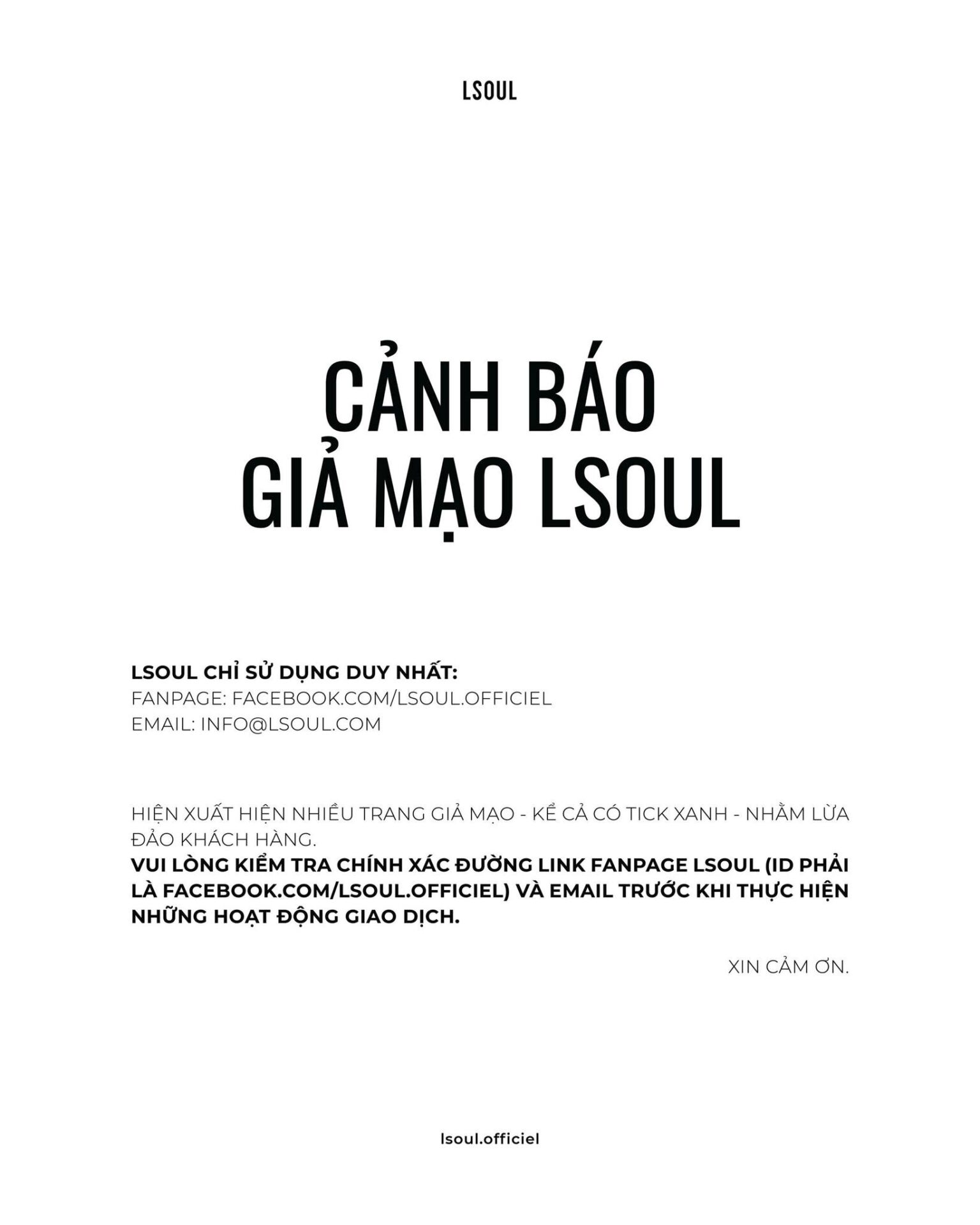 LSOUL đã lên tiếng khẳng định thương hiệu chỉ có một fanpage chính thức