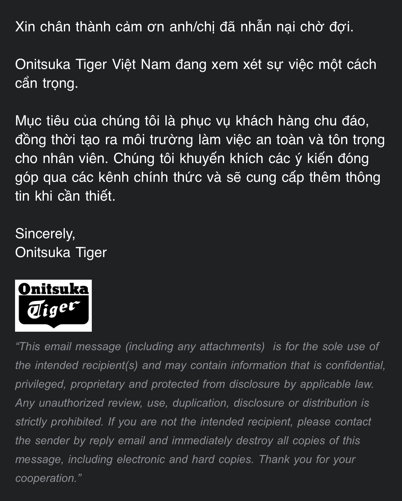Thương hiệu cũng khuyến khích người tiêu dùng gửi ý kiến đóng góp qua các kênh chính thức và hứa sẽ cung cấp thêm thông tin khi cần thiết.