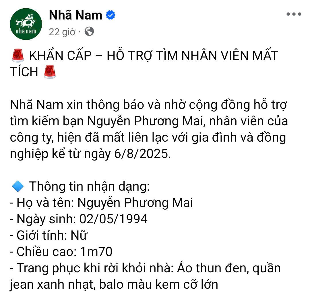 Công an TP.HCM phối hợp điều tra vụ nữ nhân viên Công ty Nhã Nam mất liên lạc từ ngày 6/8