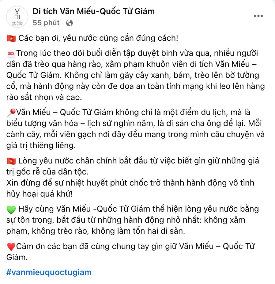 kêu gọi người dân không trèo rào, xâm phạm khuôn viên di tích, nhằm bảo vệ công trình lịch sử – văn hóa bậc nhất của Thủ đô.