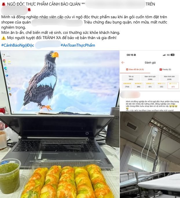 nữ khách hàng tố bị ngộ độc thực phẩm sau khi ăn gỏi cuốn tôm từ một quán ăn được đánh giá 4,5 sao trên ShopeeFood.