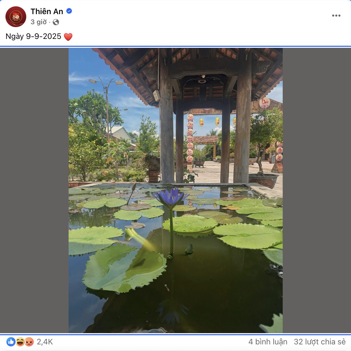 Thiên An lại có hành động gây chú ý khi đăng tải hình ảnh khung cảnh hồ sen cùng con gái.