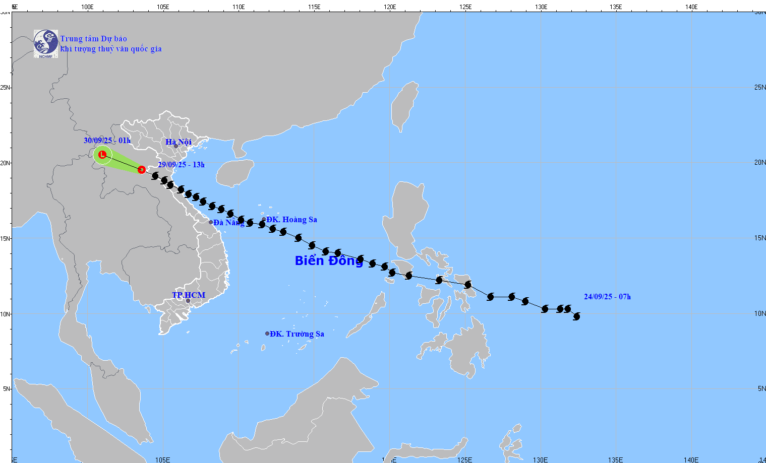 Dự báo đường đi của bão lúc 14h. Nguồn: Trung tâm Dự báo Khí tượng Thủy văn Quốc gia.