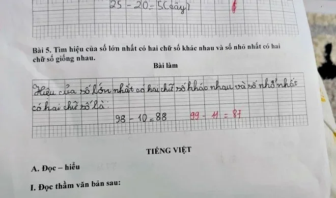  “98 – 10 = 88” không sai, nhưng cô giáo lại chấm trượt, rồi còn nhầm luôn đáp án!