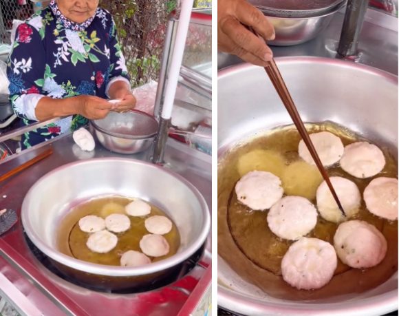 Người thợ nhồi bột với nước sôi đến khi dẻo mịn, nặn thành những miếng tròn mỏng rồi chiên vàng trong dầu.