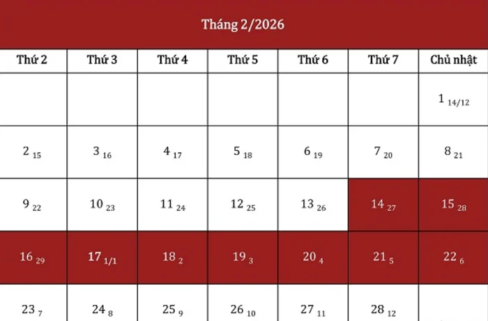  Công chức, viên chức được nghỉ Tết Bính Ngọ từ ngày 14 đến 22/2/2026