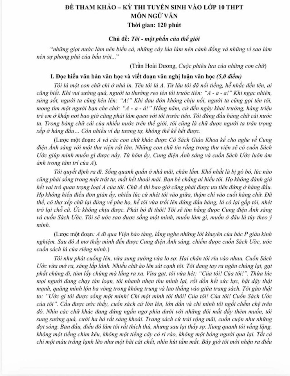 Sở GD&ĐT TP.HCM công bố đề tham khảo môn Ngữ văn cho kỳ thi vào lớp 10 năm học 2026 với thời lượng 120 phút